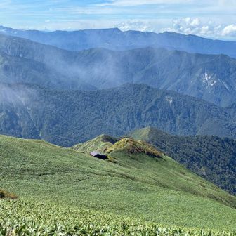 笹の原っぱがとてもきれい。茂倉岳避難小屋