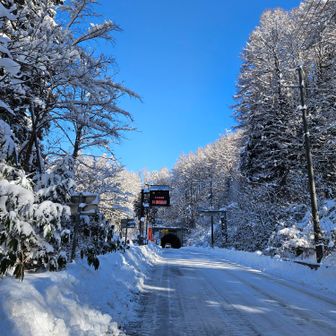 冬山ルートのトレースありましたが、よく分からなかったので安全そうな夏山ルートのしっかりトレースから戻りトンネル手前の駐車場へ。
車道カチンコチン💦