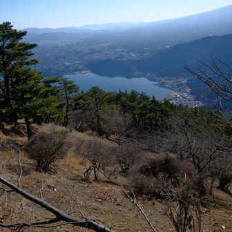下ります。河口湖が見えてくる。