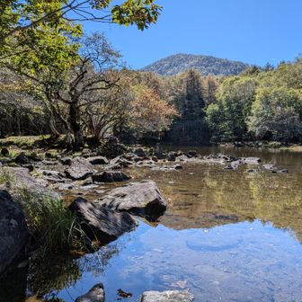 ひっそりと佇む大沼。沼越しに鶏頂山が望めます。静かな湖面には逆さ鶏頂山。