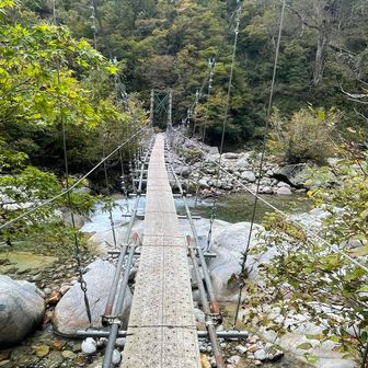 鬼畜トラバース区間のあとは激下り区間。そしてようやく吊り橋