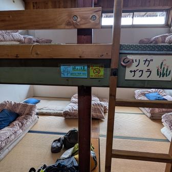 受付を済ませ本日のお部屋ツガザクラへ！
上と下、４人部屋✕２を１人で使えました