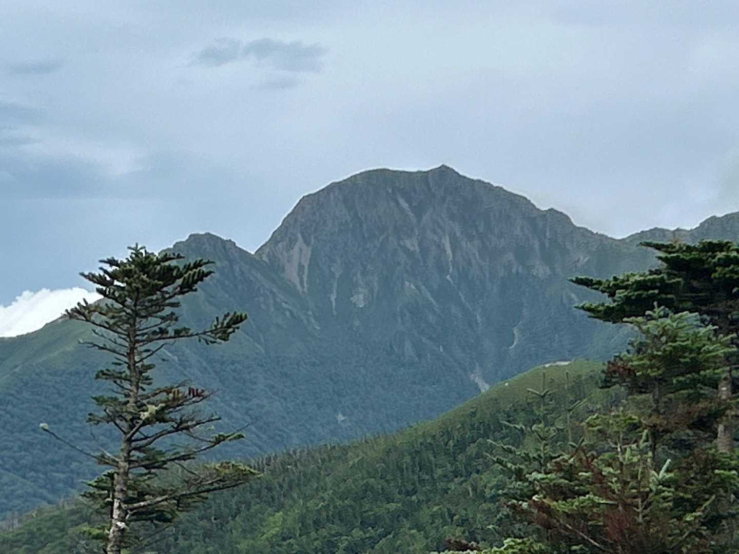 塩見岳　
烏帽子岳への分岐からハッキリと見えました👍
明日は、左から登って行くのかな⁈右の尖った所が西峰⁈