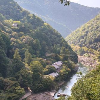 河原で足が攣り始め、その後は暑さ対策で水分補給を多くしたら小倉山付近でﾄﾞﾘﾝｸ🧃を飲み干し無くなって…😱　何とかこの水際ｳｵｰｸを始めた大悲閣が見下ろせる展望台まで辿り着きました〜😮‍💨　この後無事下山して自販機を見つけて水分補給〜😅
これにて暑さの為、久々苦労したお川歩とお山歩は終了で〜す😙
最後まで見て頂き有難うございました〜😆