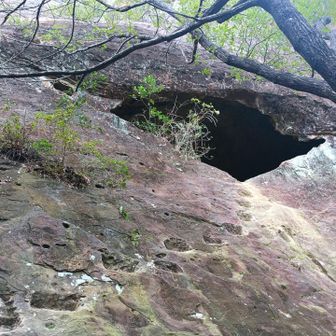 田辺市・高尾山・龍神山・奇絶峡 ぽっかり空いた穴まで窪みを使って登ります。結構危ないですが皆さん穴まで行きますね。ロープ設置してほしい…。