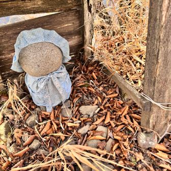 呼子岳の看板の下に、かわいいお地蔵さんと隠れキャラみたいなちっちゃこい猫🐱