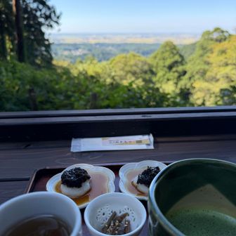 ワタクシは限定の磯のり餅セットを
嫁様と長男坊はずんだとあんこの二色セット（だったかな）

隣の先客…登山系のBBA（Beauty Brilliant Active）の8人の乙女たちが…まー賑やか

山ではよくある光景である。
が、山とは無縁な嫁様はドン引きで美味しい餅と抹茶をいただいていた🍵

八乙女…の割り込みの注文にも、オーダーしたのが誰だか分からないなどなどカオス状態でも店員さんの機転と広い心がプロの接客だなと感心した。

私生活でもよくあることだが、特に山での大先輩達の立ち居振る舞いは私の人生観に大きな影響を与えている（良くも悪くも…）