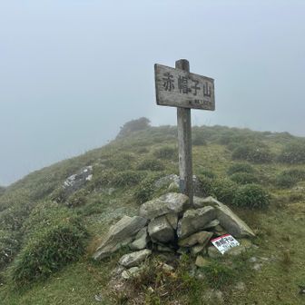 赤帽子山山頂に着きました。真っ白…。