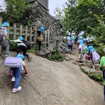 男体山山頂にて。標識や祠に向かって歩みを進める元気いっぱいの園児たち😊がんばったね👍
