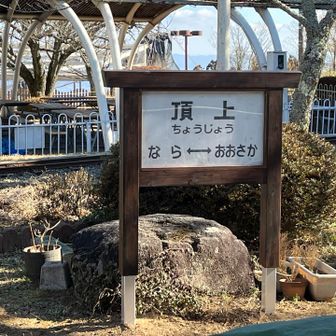 ミニ列車の敷地内に頂上の標識あり