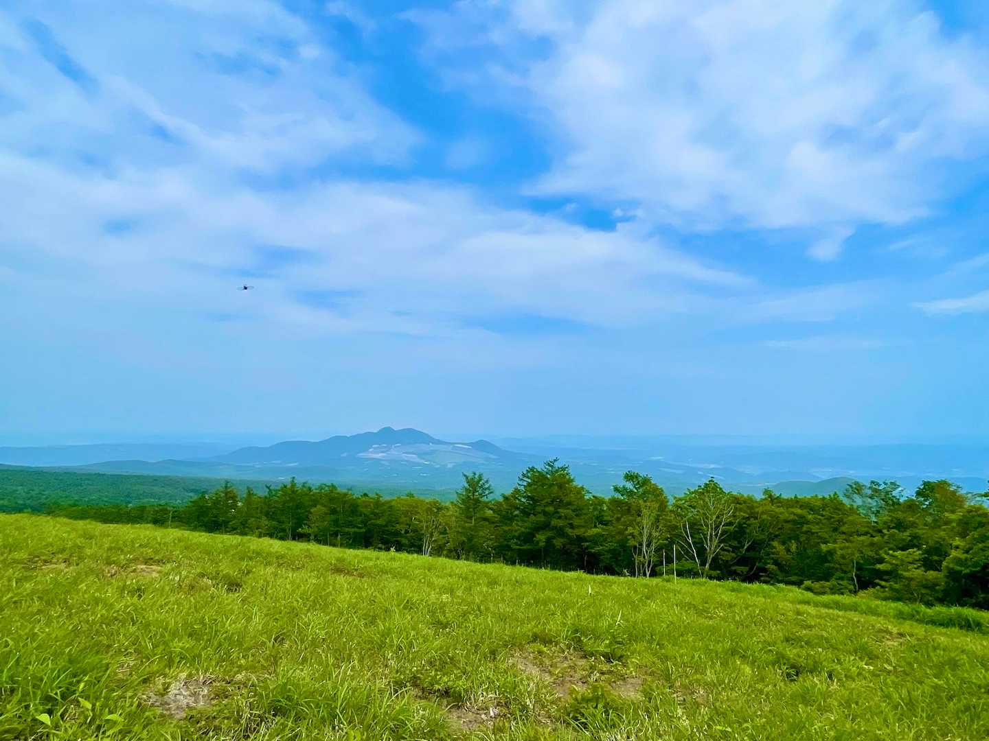 ゲレンデをてくてく　降りて行く
あのお山は　青麻山⛰️というらしい
ここからの眺めも帰りは　ピーカンになりかなり良き　　　しかし　暑くなってしまった〜
もう少し
