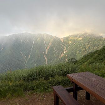 小屋前から蓮華岳、針ノ木岳