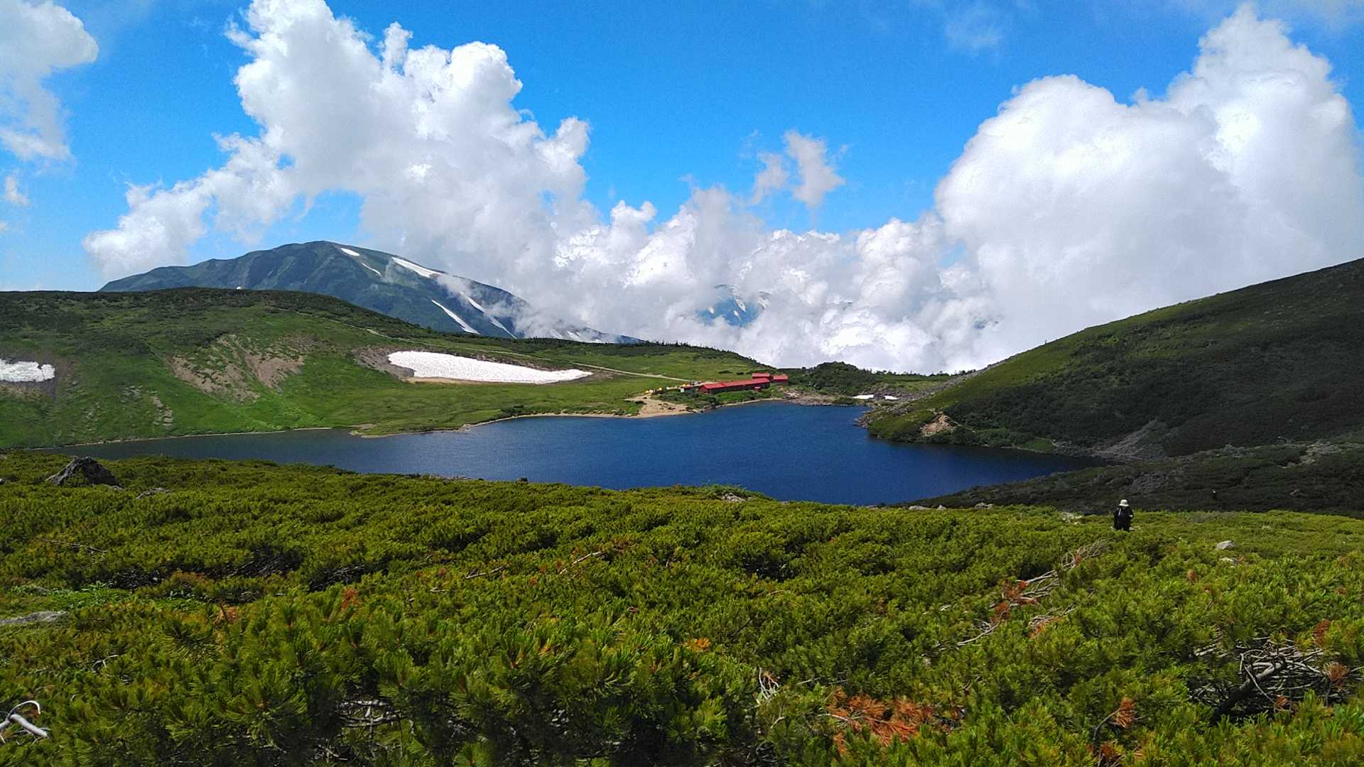 白馬大池と白馬大池山荘が見えてきました。その向こうに雪倉岳も見えています。