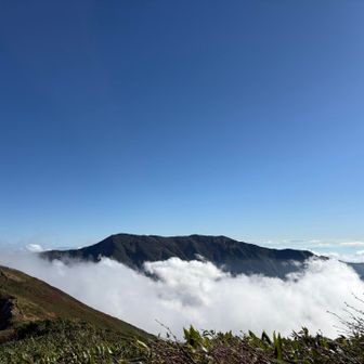 梅花皮へ向かう道へ　大日岳が雲に浮かぶ