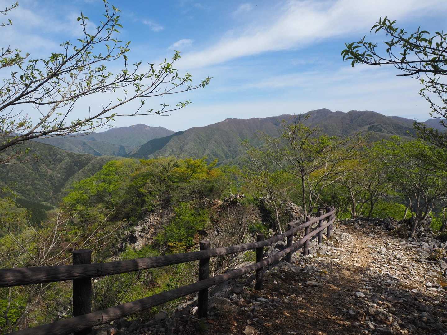 登山道脇は深い岩の谷。振り返ると権現山、奥には蕎麦粒山や天狗山が見えてるようです🔎