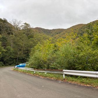 ㊹ 駐車場手前のカーブ
🛣️ 色づき始めた山を眺めながら、最後のカーブを曲がります。今日の山歩きもあと少しです🍂