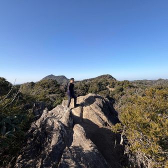標高200Mも無いけれど、眺め最高👍
夫の背中側奥の山は、鋸山かな