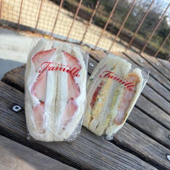 展望台で生クリームたっぷり入った🍓のサンドイッチ
もう一つの海老カツと、卵のサンドイッチは結局お家まで持って帰ることに…あとでの楽しみに😊