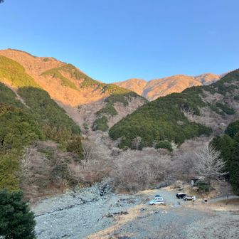 戸沢出合のキャンプ場。ここまで長い林道歩き