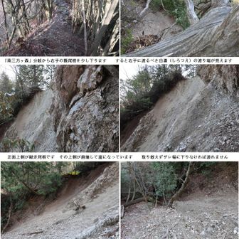 白潰崩落ザレ場渡り

現場に行けばザレ場への下り口と向かいの上り口の見当が付きます

下側の少し木が残っているのが滑落時のストッパーになってくれます
