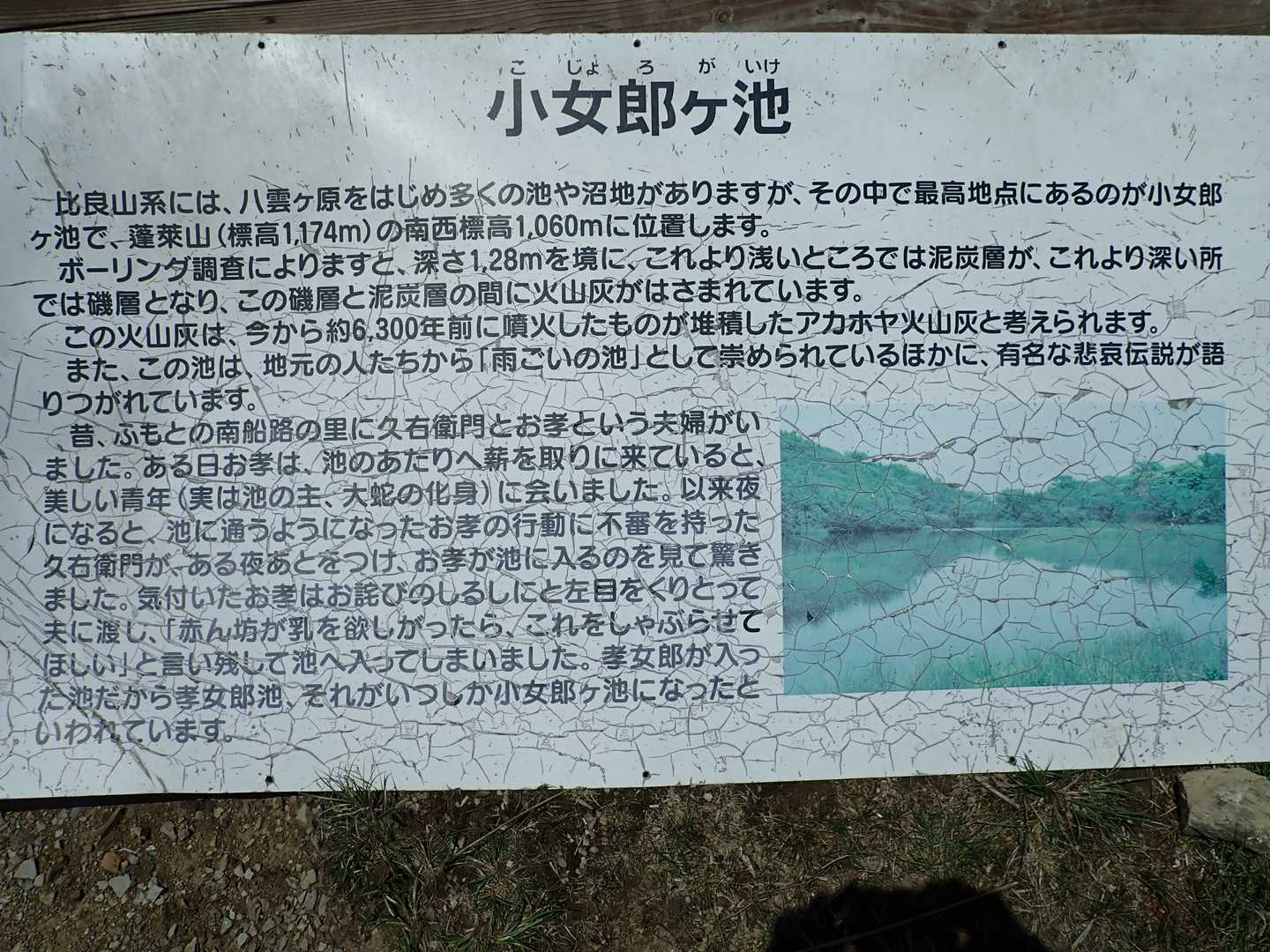 腐ちかけの看板に地層や伝説が書かれています。アカホヤ火山灰は九州鬼界カルデラの噴火によって噴出された火砕流堆積物です。こんな噴火が今起きたら、九州〜西日本は壊滅的な被害が生じるでしょう😱