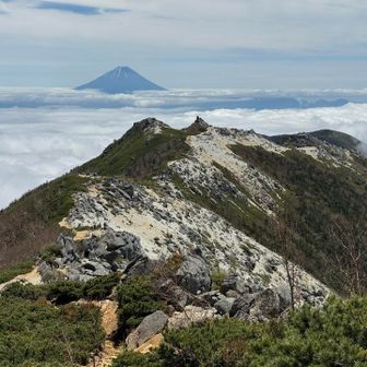 これから歩く方向に富士山