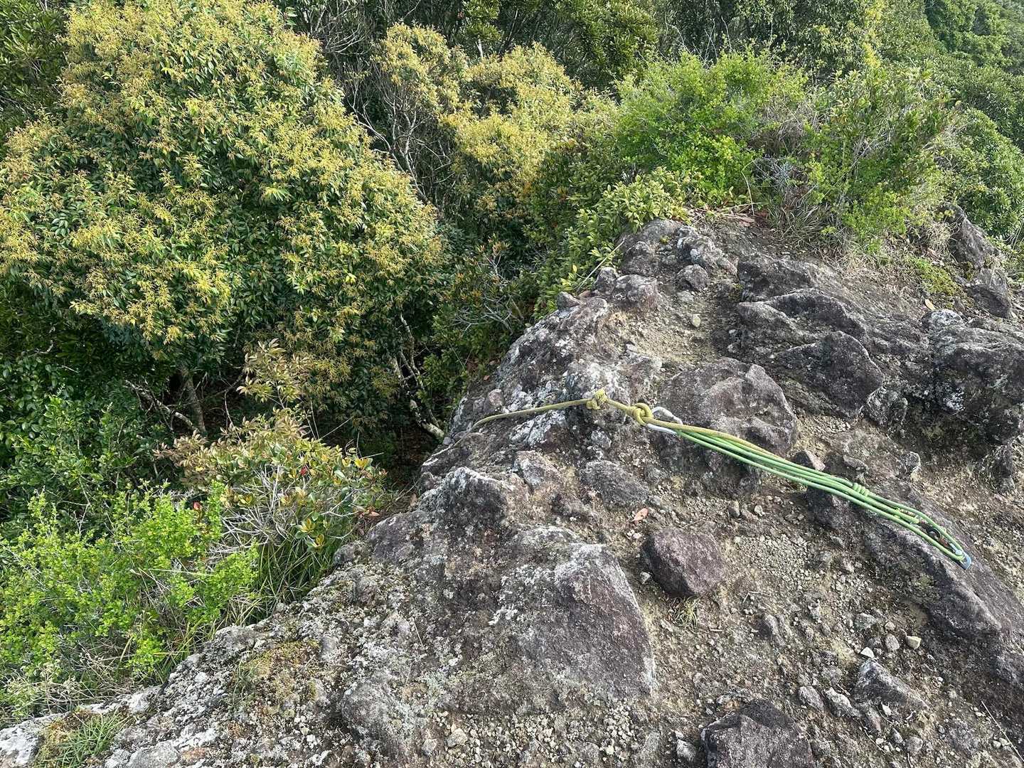 とりあえず登ったけど、残置ロープにぶら下がるのは怖いので引き返します😅