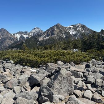 編笠山の山頂に立つと、南八ヶ岳（右から権現岳、ギボシ、赤岳、横岳と重なっている中岳、阿弥陀岳）がお出迎えしてくれます🏔️  
今日は編笠山は途中の通過点なので写真を2~3枚撮って誰もいない山頂をすぐにあとにします📸
