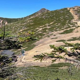 箕冠山に行く途中から根石岳、東天狗岳。左下は根石岳山荘