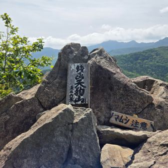山頂標識が岩峰に立て掛けられていました。