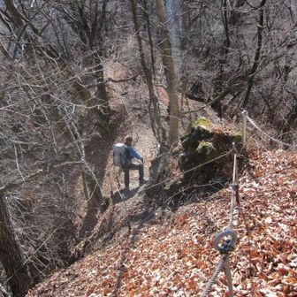 奥宮からの下山は落ち葉と岩場の急下り