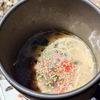 小ネギの「緑」、ゴマの「ベージュ」、紅生姜の「赤」で、「とんこつラーメン」っぽくなりました😁
山頂ラーメンは格別です！