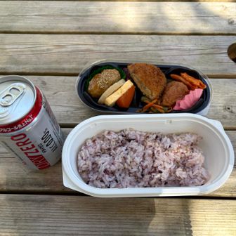 本日のベスコングルメは、下山を待たずに山荘さん横のテーブルでスーパーのお弁当、五穀米をいただきます。あと、ノンアルコールビールは神。