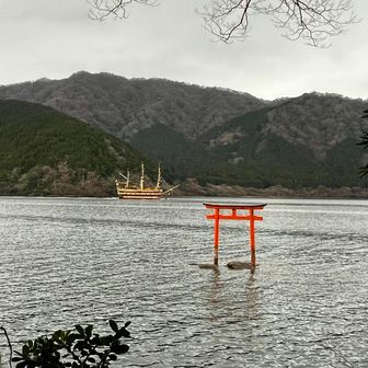 ご縁日の毎月13日の月次祭にはご縁を求め、たくさんの人たちが船に乗り、湖からこの鳥居をくぐって九頭龍神社にお参りにやって来るそうです⛴️