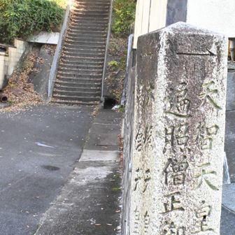 右は天智天皇陵へ
でも真っ直ぐ　
この直登階段　キツそう