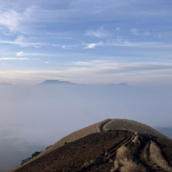 大観峰⛰️ 端っこから… 阿蘇　涅槃像を臨む😃…  山頂⛰️先っちょしか見えない🫥くらいに　濃霧🌫️