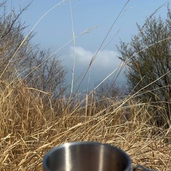 景色にカフェモカで乾杯！熱いのにぐびぐび飲んで喉が渇いたことに気づく。先ほどの謎のペースダウンは軽度の脱水症だったのに気づいて、反省。