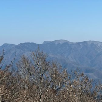 中央左の切れ落ちた山が吉和冠山、その右のなだらかな頂上が寂地山と思います。冠雪していますね。