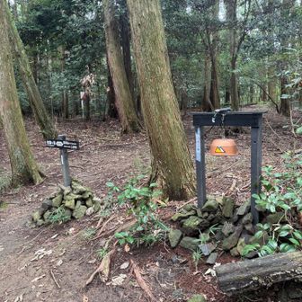 別所（長等山最高点）への分岐。このあたりの名物、炊飯器釜の熊鐘登場🔔🐻