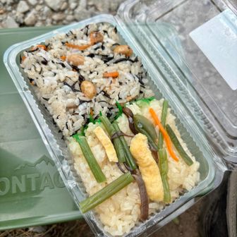 途中のJAかやきで買ったひじきご飯と
山菜ごご飯。
ひじきご飯がとっても美味しかた。

nanaさんはとっても素敵な手作り弁当で
いいなーと横目で見つつ
食べる。