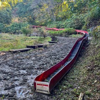 トレイルから抜け出ると「あしがくぼ果樹公園村」にあるジャンボ滑り台があります。
100メートルの長さがあるそうですが、現在は土砂流出で立ち入り禁止でした。
バリケードがありましたが、通らないと先に進めないので、スミマセンと心の中で呟いて、通らせて頂きました。
この後、ロードで芦ヶ久保駅方面まで下りて、登山口まで走り、そこから大野峠までトレイルを登り続けます。
はちゃめちゃに辛いッス！
既に歩きながら筋肉痛になっています。
1ヶ月以上、山に入っていなかったからかな？

ちなみに、大野峠の登山口に入る前に、第一関門とエイドがあります。
この関門は時間制限がありません。