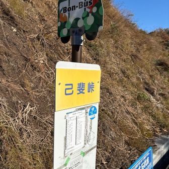 長い階段を降りてくると甲斐峠に到着、
バス停が目の前にあり私達みたいなハイカーには利用価値が高そうです。

🚌Bon-Bas は西広島駅をハブに広島中心部と高須、五月が丘、大迫の住宅地や団地を結ぶ路線。
Bonとはフランス語でやさしさや親切さを表しこの愛称にしているそうです。
広電傘下の交通会社みたいで緑色の可愛らしいカラーリングで「猫かっとん」の車体ラッピング広告が可愛かったです。