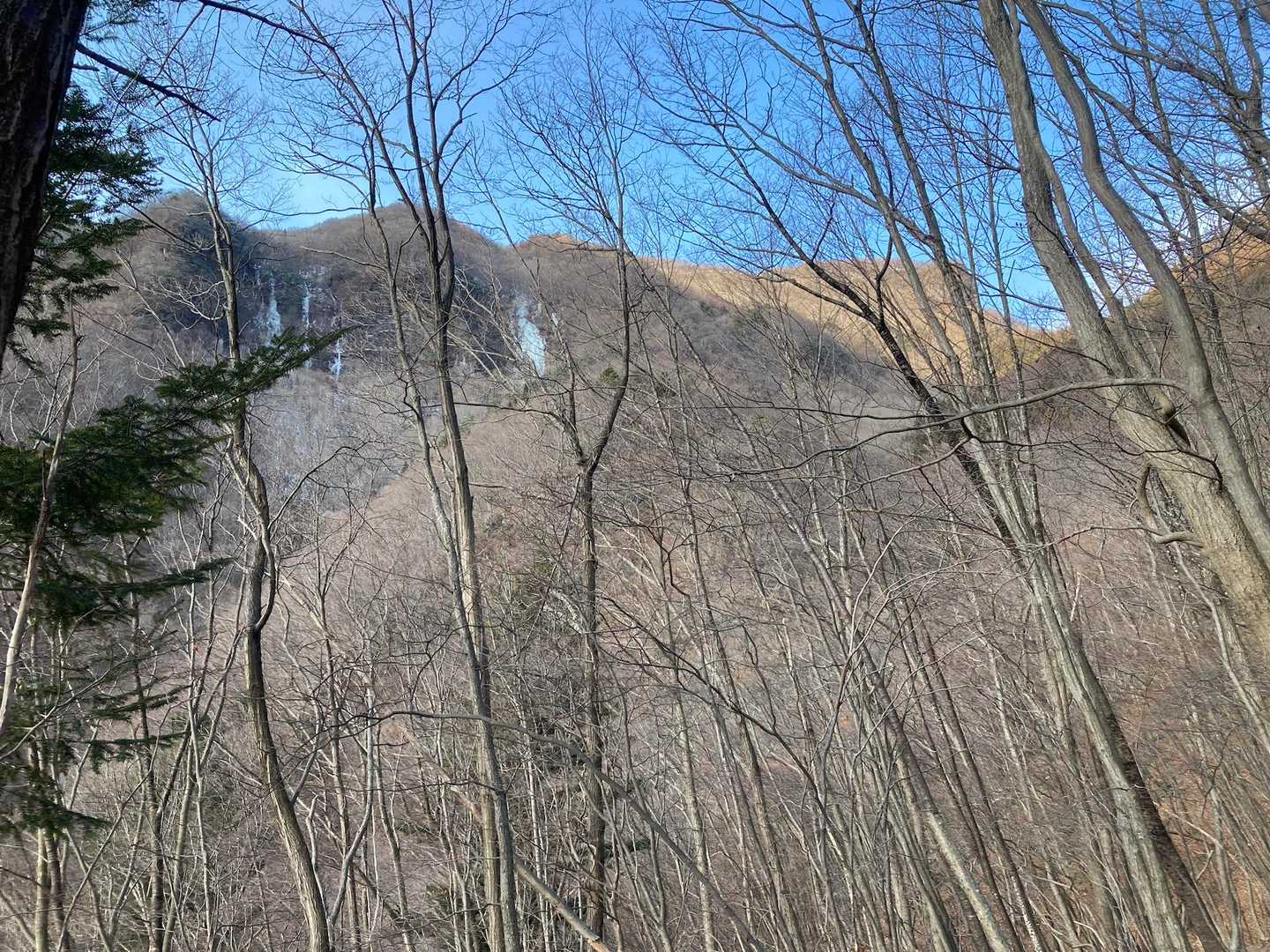 目指す相沢奥壁氷瀑と荒船山が見えてきました
