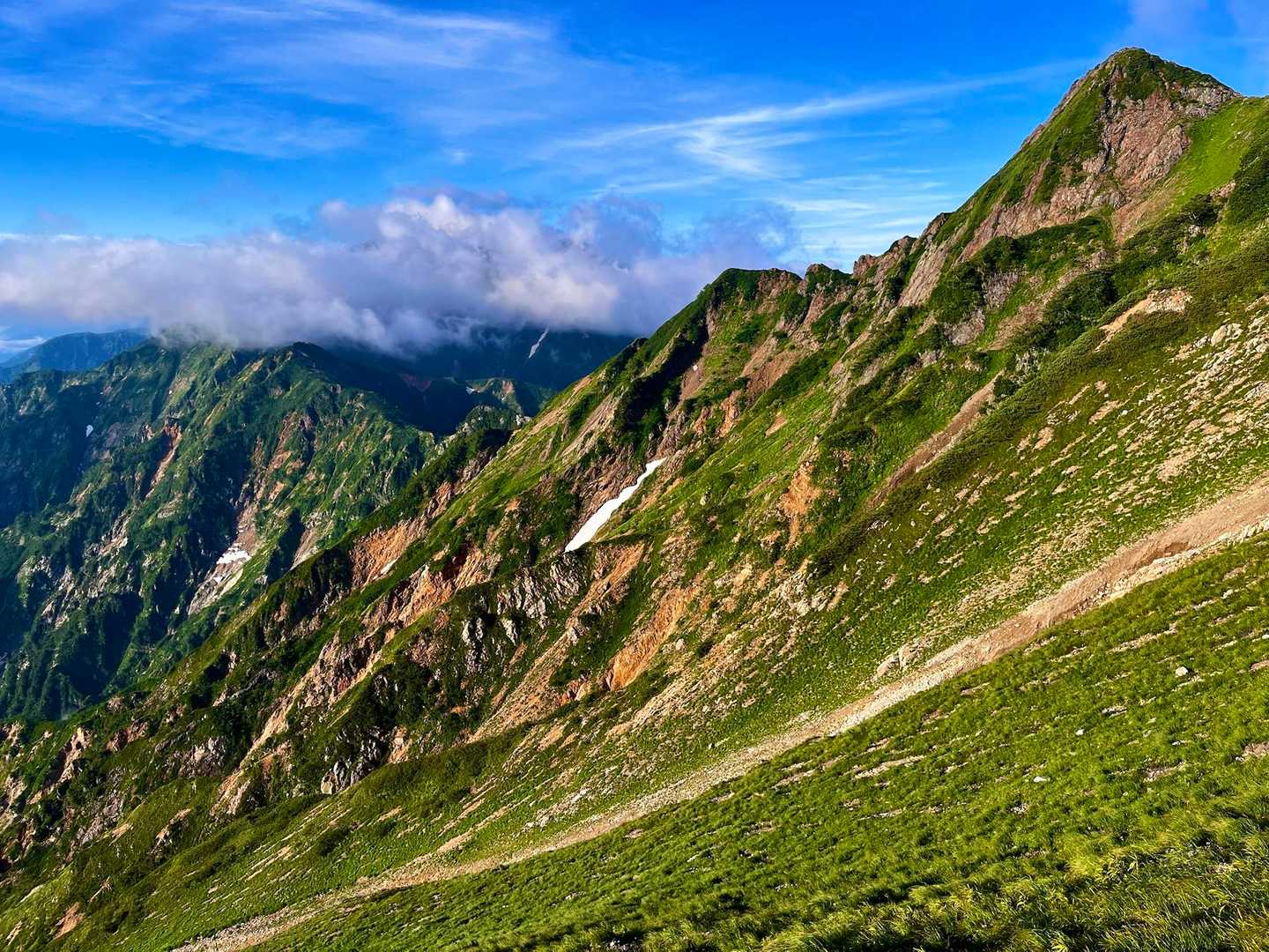 八方山-扇雪渓-丸山ケルン-唐松岳-不帰嶮-天狗の頭-猿倉 縦走コースの写真