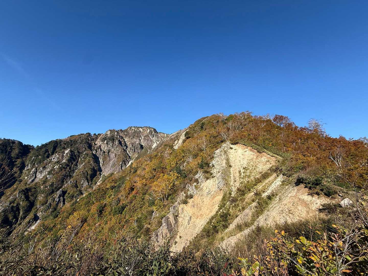ようやく樹林帯を抜けると絶景が🤩
奥に見える岩山が山頂となりますが、先ずは手前にある崩落したピークへ💦
