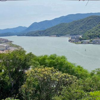 片上湾😃を見ながらお昼です。
　左手に富田松山、右手奥に笹尾山が見えます。🐤