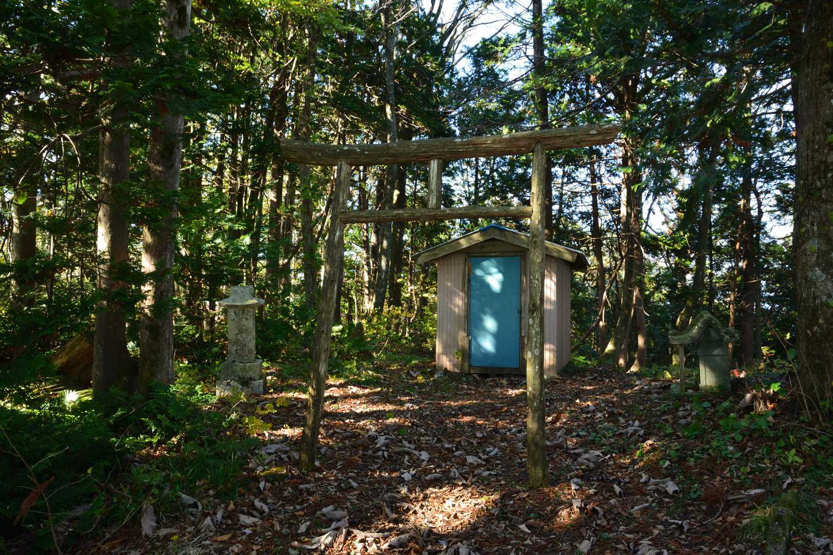 しかる後に、『黒森山』の山頂へ到着である。山頂部は広場状に拓かれており、奥の方には祠が建っている。ひょっとすると、さっきのカモシカは山神様だったのかもしれないな・・・などと考えつつ、無事の登頂に心から感謝し、手を合わせる筆者であった。