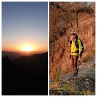 日の出です。
家にウインドブレーカーを忘れたので、レインウェアを着ています。