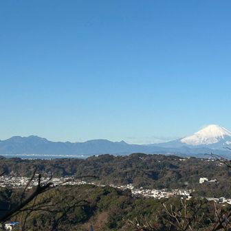 左に箱根駒ヶ岳、神山。真ん中に金時山、明神ヶ岳。右に富士山なのかな？
