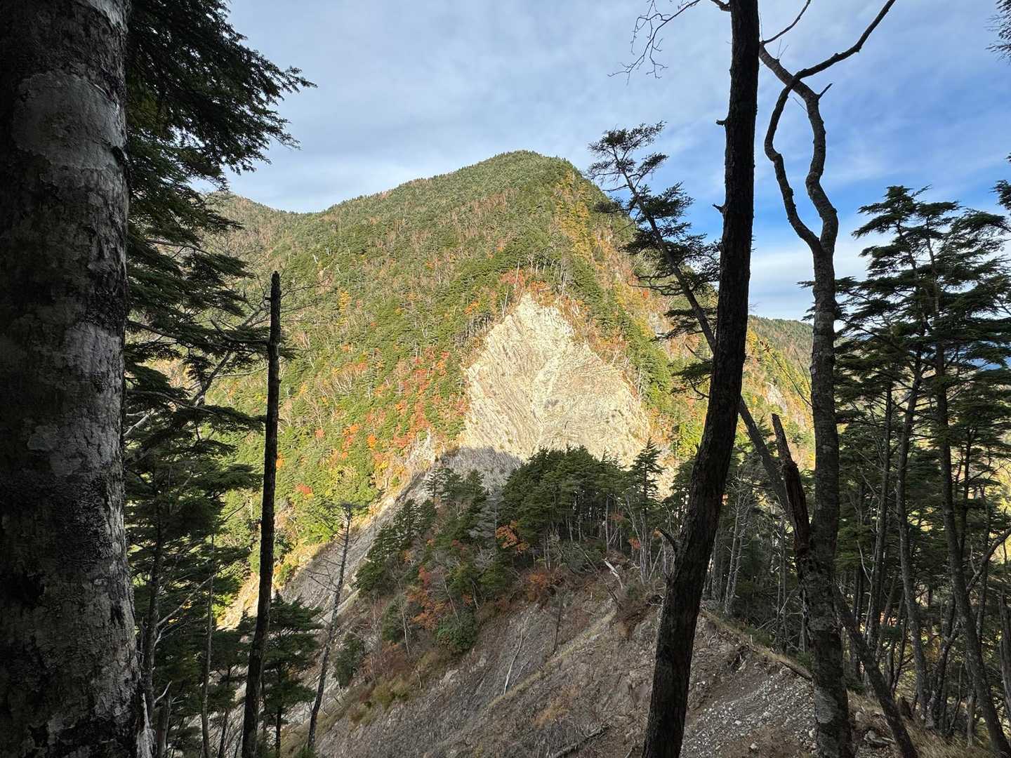 で❗️鋸歯の次のピークを下りてくると見えてきた小無間山とその手前のガレガレ場❗️